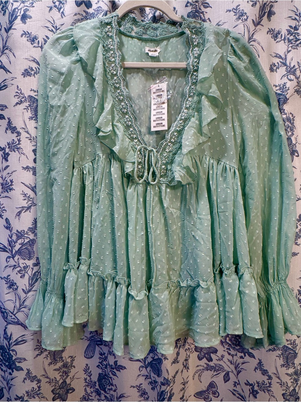 Kimchi Blue Mint Sheer Swiss Dot Ruffle Tie-Front Babydoll Top - Picture 12 of 12